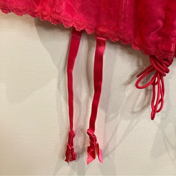 FREDERICK’S OF HOLLYWOOD Sz 34 Fuchsia Pink Lace Brocade Boning Lace Up  Bustier - Picture 8 of 13